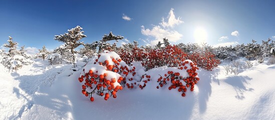 Poster - Vivid red berries covered in snow during a sunny winter day with a clear blue sky and winter landscape scenery