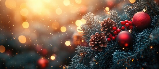 Aufkleber - Festive holiday backdrop featuring pine branches ornaments and warm bokeh lights for Christmas and New Year celebrations