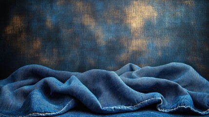 Aufkleber - Blue textured denim fabric draped against a soft backdrop creating an artistic and elegant display perfect for fashion and textile themes