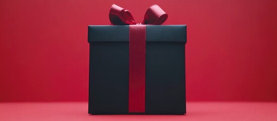 Aufkleber - Elegant black gift box adorned with a vibrant red ribbon against a striking red backdrop creating a festive and luxurious atmosphere.
