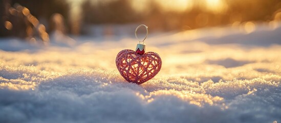 Aufkleber - Festive heart ornament resting on snow with a golden sunset glow creating a warm and serene Christmas atmosphere