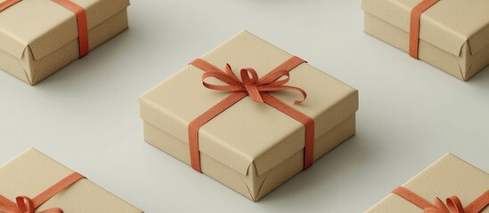 Aufkleber - Kraft paper gift boxes with orange ribbons arranged on a clean white background for holiday and celebration themes