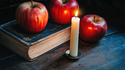 Poster - Warm candlelight casting a glow on red apples and aged vintage books creating a cozy and inviting autumn atmosphere