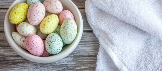 Poster - Colorful chocolate Easter eggs in a bowl with floral design on a wooden table next to a soft white towel for a festive spring ambiance