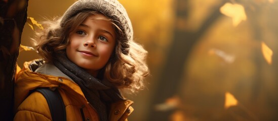 Aufkleber - Child enjoying autumn woods with warm natural light and falling leaves capturing the essence of seasonal beauty and childhood joy.