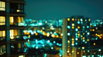 Poster - Urban nightscape with blurred buildings and vibrant bokeh lights for wallpaper and design projects featuring a dreamy city atmosphere.