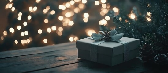 Poster - Elegant Christmas gift box on a rustic wooden table with blurred festive lights creating a warm atmosphere perfect for holiday greeting cards