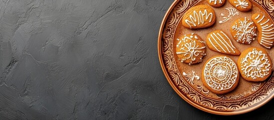 Aufkleber - Elegant gingerbread cookies on a decorative ceramic plate against a dark textured background highlighting festive delights and holiday spirit