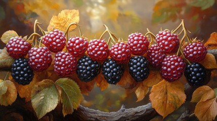 Poster - Blackberry shrub with ripe black and red berries surrounded by autumn leaves in a soft blurred background