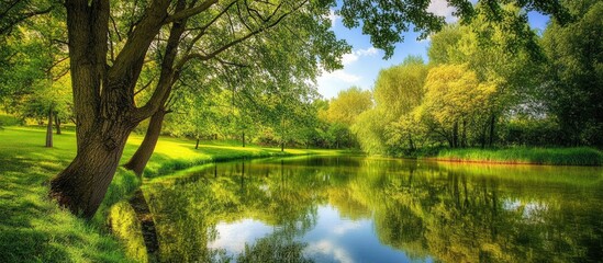 Aufkleber - Serene lakeside scene with lush greenery and vibrant reflections perfect for nature lovers and tranquil environments