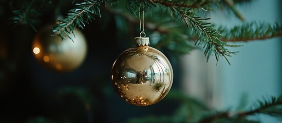 Aufkleber - Gold ornament hanging on Christmas tree branch reflecting festive lights and greenery in a cozy holiday setting.