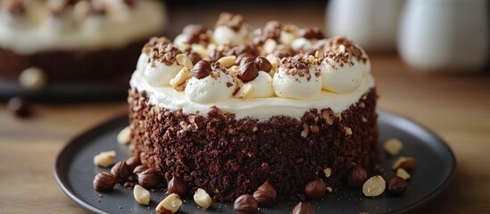 Poster - Chocolate Meringue Cake adorned with crunchy hazelnuts and a creamy topping on a rustic wooden table