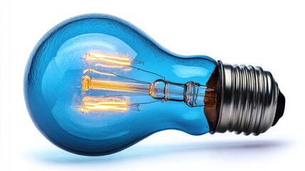 Poster - Blue incandescent light bulb with visible filaments isolated on a white background showcasing its design and illumination.