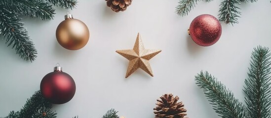 Poster - Christmas New Year decorative frame with fir branches red and golden baubles pine cones and a star on a white background for text placement