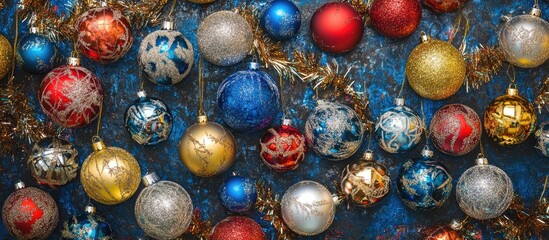 Poster - Festive holiday decorations with colorful ornaments and tinsel on a dark backdrop creating a joyful seasonal atmosphere from above