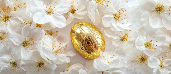 Aufkleber - Chocolate Easter Egg Wrapped in Gold Foil Surrounded by White Spring Flowers and Colorful Candies Elegant Still Life Composition