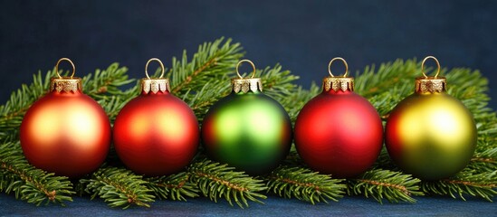Poster - colorful christmas baubles arranged on evergreen branches with a dark blue background and festive bo