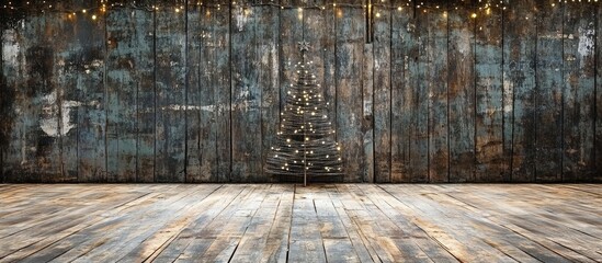 Aufkleber - Wooden tree with sparkling lights on an abstract rustic background for Christmas and New Year holiday celebrations