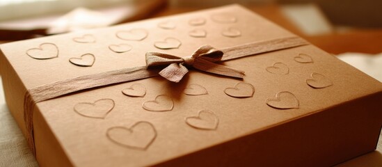 Poster - Handcrafted cardboard gift box decorated with hearts and a ribbon bow for special occasions or celebrations