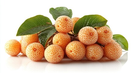 Poster - Fresh longan fruit with vibrant green leaves arranged aesthetically on a white background showcasing natural beauty and texture of tropical produce.