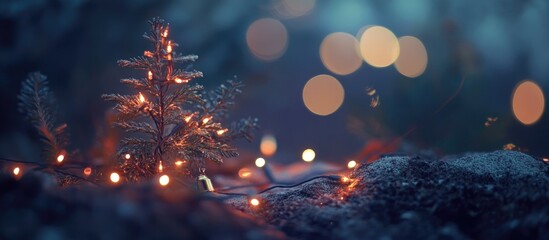 Aufkleber - Bokeh Background with Christmas Lights and Miniature Tree for Festive Atmosphere