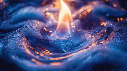 Poster - Close-up of a vibrant blue gas flame dancing above rippling water surface in a dynamic and visually striking image.