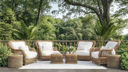 Aufkleber - Elegant outdoor terrace featuring white cushioned armchairs surrounded by lush greenery and stylish decor. Perfect for relaxation and gatherings.