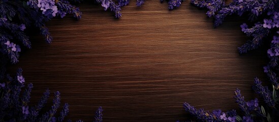 Poster - Lavender sprigs creating a floral frame on a textured brown wooden background evoking nature's tranquility and beauty in rustic decor