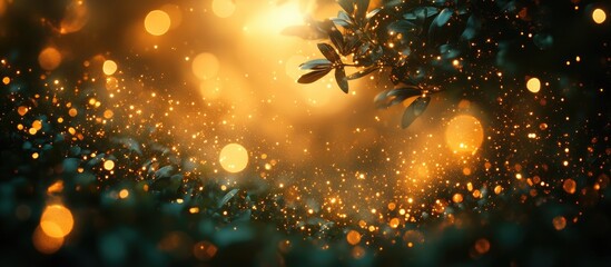 Aufkleber - Golden and green bokeh lights with shimmering glimmers and silhouetted leaves creating a magical forest atmosphere