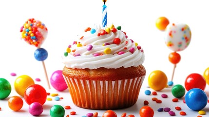 Poster - Colorful birthday cupcake with white frosting and sprinkles surrounded by vibrant candies and festive decorations on a white background