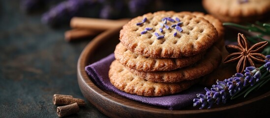 Poster - Chocolate crack biscuits with lavender and spices arranged on a rustic wooden plate with a dark backdrop and purple napkin decoration.