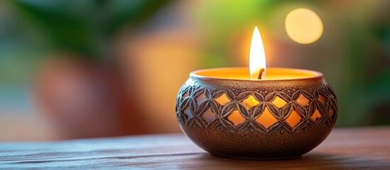 Aufkleber - Elegant candle burning in ornate holder with soft bokeh background creating a warm and inviting atmosphere for relaxation and tranquility