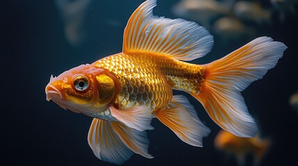 Aufkleber - Vibrant goldfish swimming gracefully in a well-lit aquarium contrasting against a dark background with soft bokeh effects.