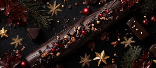Aufkleber - Chocolate yule log dessert with festive decorations and seasonal embellishments presented on dark background ideal for holiday culinary promotions