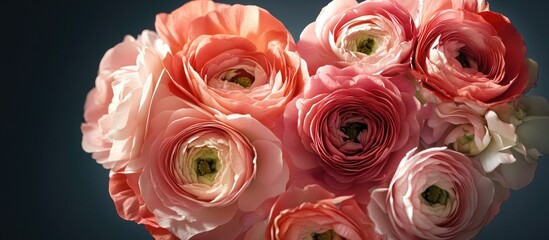 Poster - Heart-shaped arrangement of delicate pink ranunculus flowers on a dark background symbolizing love and beauty in floral design.