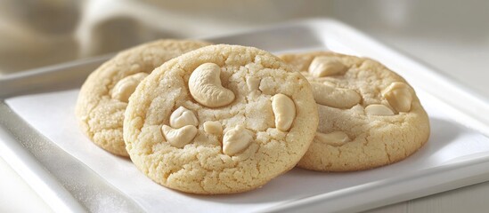 Poster - Cashew nut cookies displayed on a white plate with a soft background highlighting their texture and nutty flavor