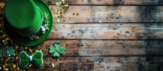 Aufkleber - Cheerful St. Patrick's Day card design with green hat bow tie shamrocks and golden confetti on a rustic wooden background with empty space