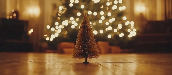 Poster - Christmas background with golden bokeh lights and a decorative silver ornament tree for a festive holiday atmosphere