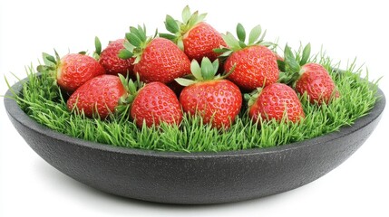 Aufkleber - Fresh strawberries arranged in a black bowl with green grass on a white background highlighting summer freshness and natural beauty.