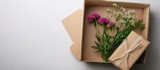 Poster - Gift box with fresh flowers arranged thoughtfully on a light background showcasing top view elegance and natural beauty.