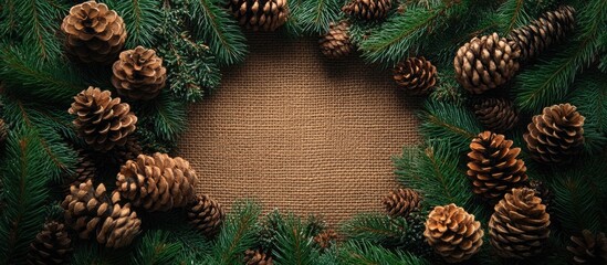 Poster - Circular arrangement of pine branches and cones on textured background creating a festive Christmas flat lay design with ample copy space