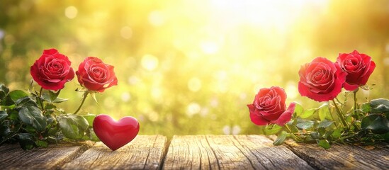 Aufkleber - Romantic bouquet of red roses with a heart on a wooden table against a sunlit garden backdrop perfect for love and celebration themes