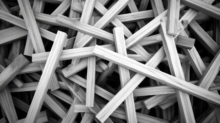 Poster - Black and white composition showcasing wooden beams representing a roof frame structure for building construction and design
