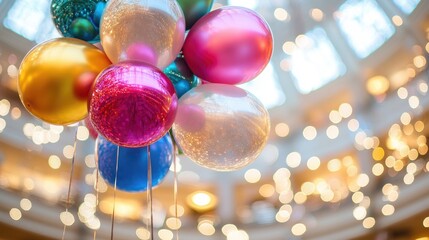 Poster - Colorful festive balloons hanging in a shopping center with sparkling lights creating a vibrant bokeh effect for a cheerful holiday atmosphere