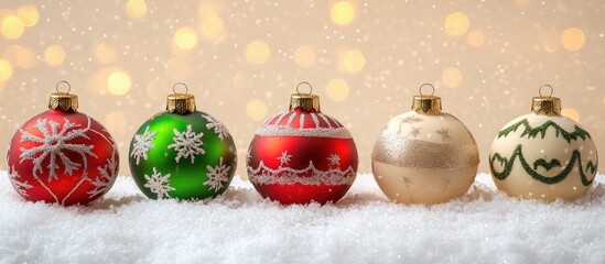 Poster - Festive Christmas ornaments in various designs on a snowy surface with a soft glowing background for holiday decoration themes