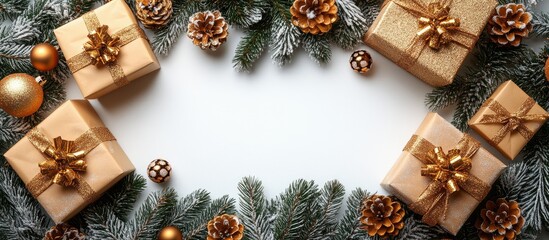 Aufkleber - Festive Christmas background with golden decorations gift boxes and pine cones arranged as a frame on a white surface top view flat lay