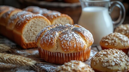 Aufkleber - Variety of fresh breads including poppy and onion muffins with a glass of milk and wheat ear on rustic wooden background