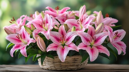 Aufkleber - Fuchsia pink stargazer lilies beautifully arranged in a wicker basket against a soft blurred background