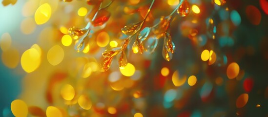 Poster - Vivid bokeh backdrop featuring yellow orange red and green shimmering lights creating a festive and vibrant atmosphere for design projects