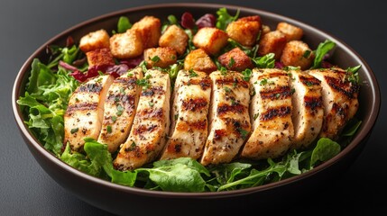 Poster - Grilled Chicken Caesar Salad with Fresh Greens and Croutons in Bowl on Black Background